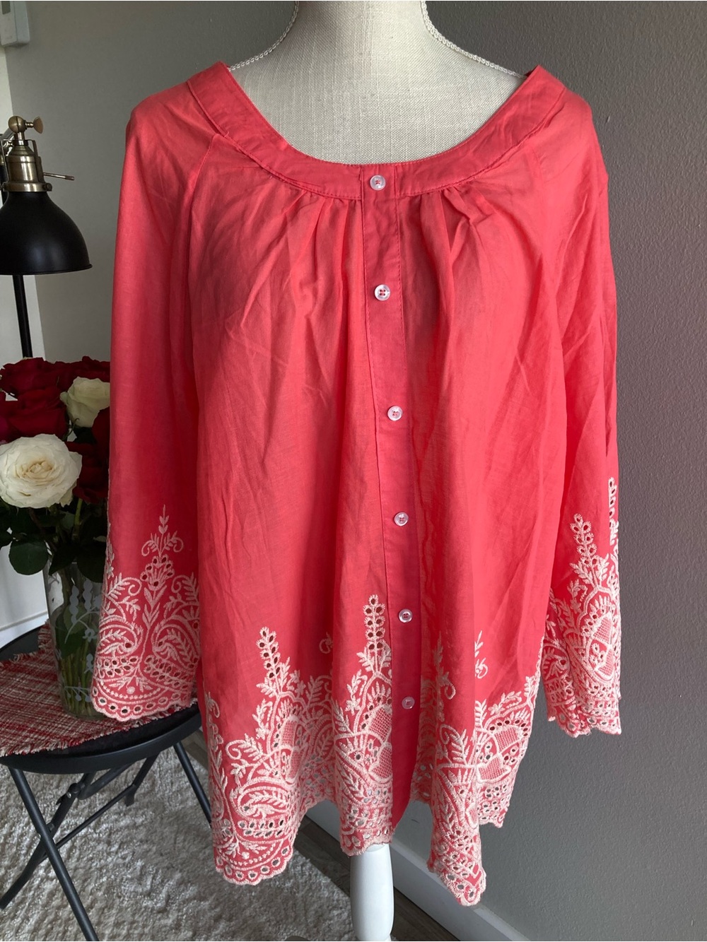 Women's Coral Button-Front Embroidered Blouse